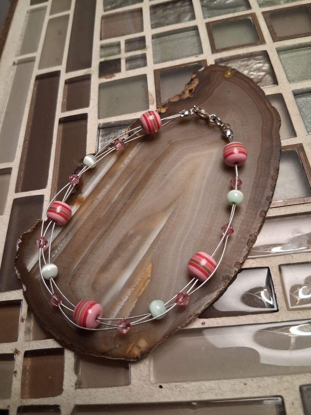 Artisan Pink and Mint Multi-Strand Beaded Bracelet